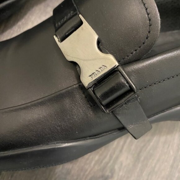 Prada Black Leather Silver Buckle Rubber Sole Slip On Loafers Size 11 NWT - Picture 3 of 13